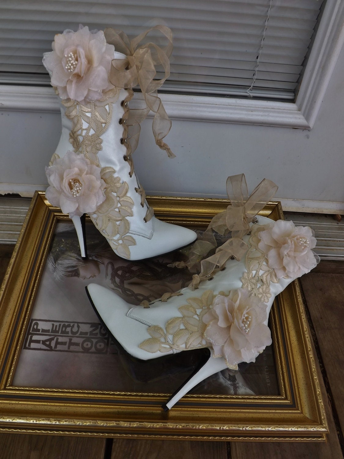 Victorian Wedding Boots Beige Roses Lace White Leather Lace Up