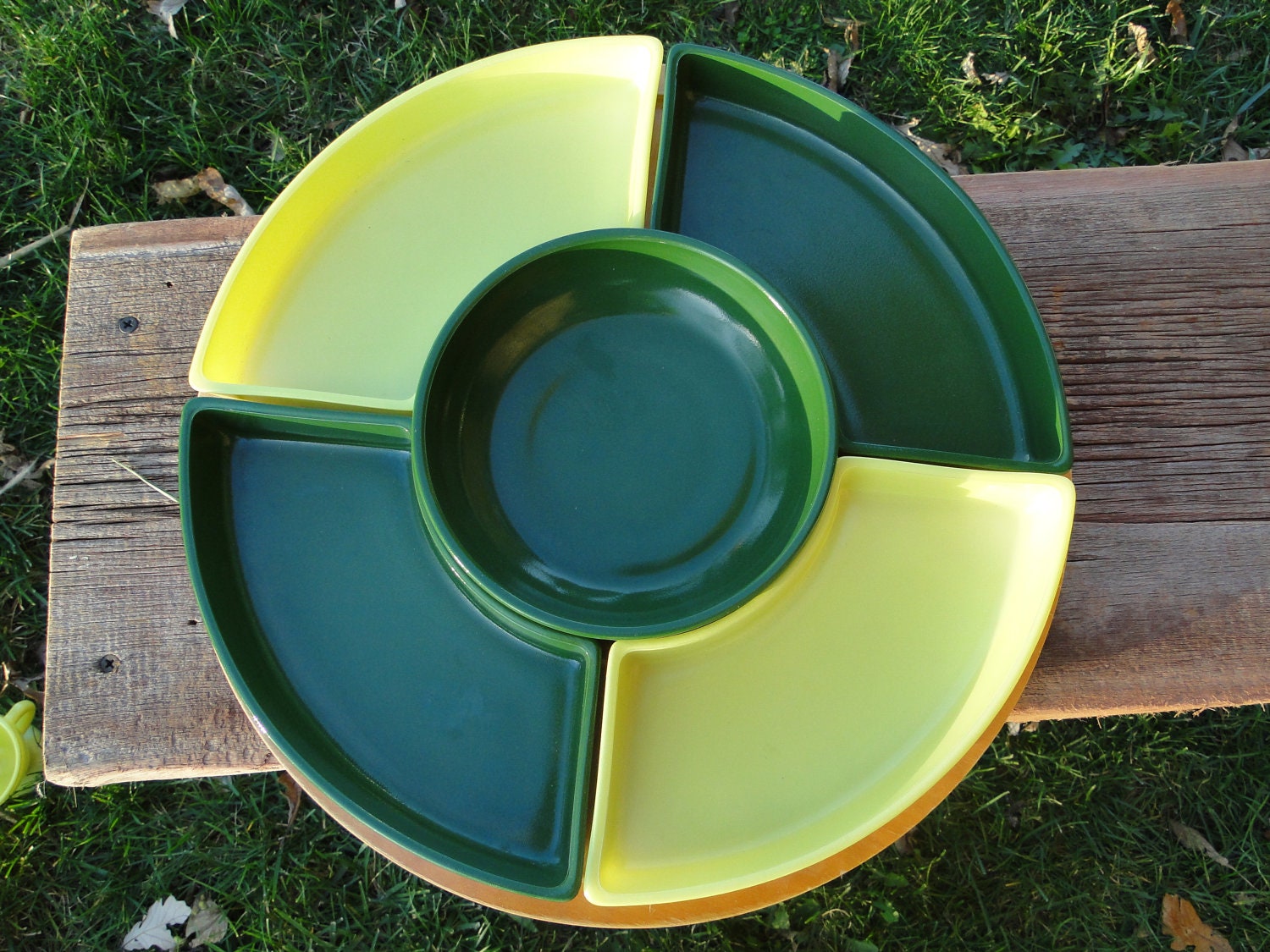 Vintage milk glass lazy susan divided relish tray on wooden