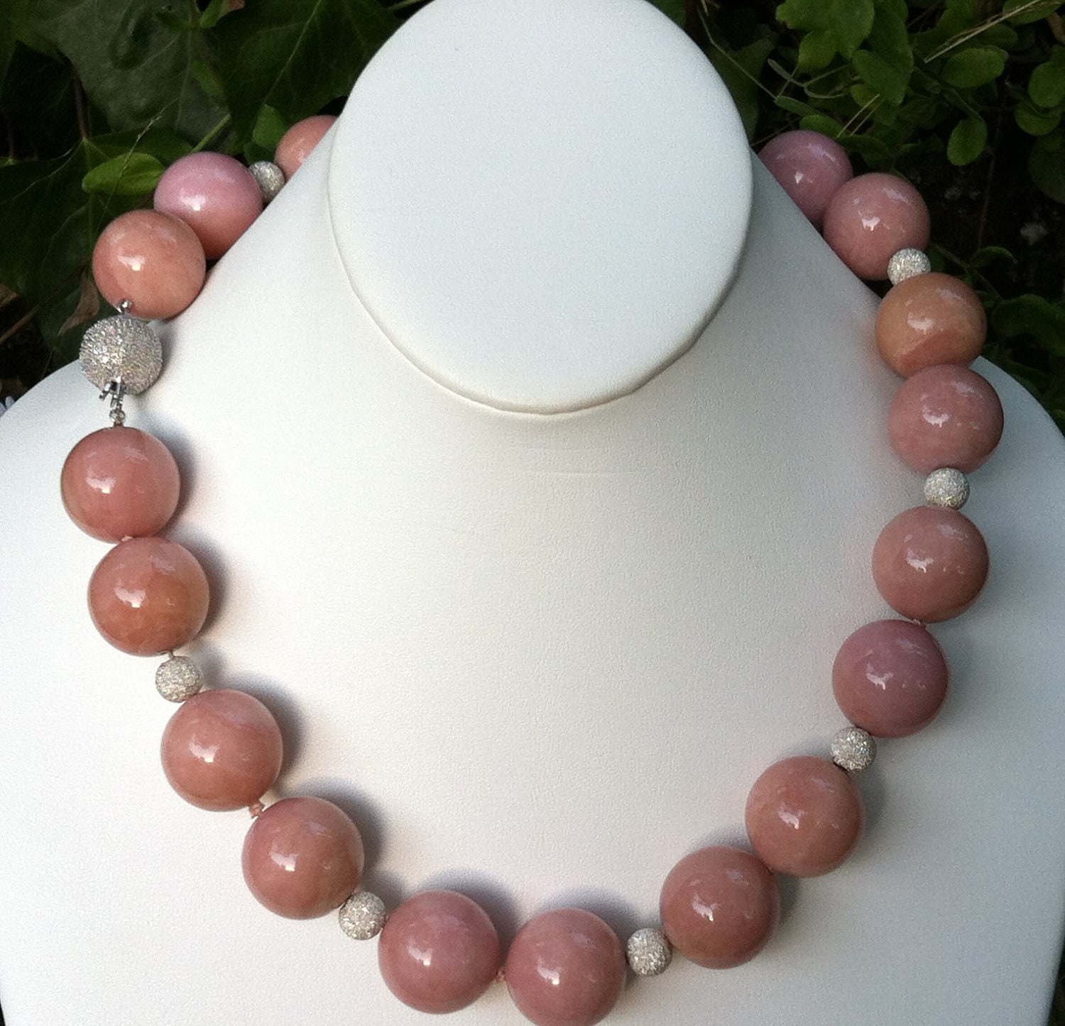 Peruvian Pink Opal Bead Necklace/Sterling Silver