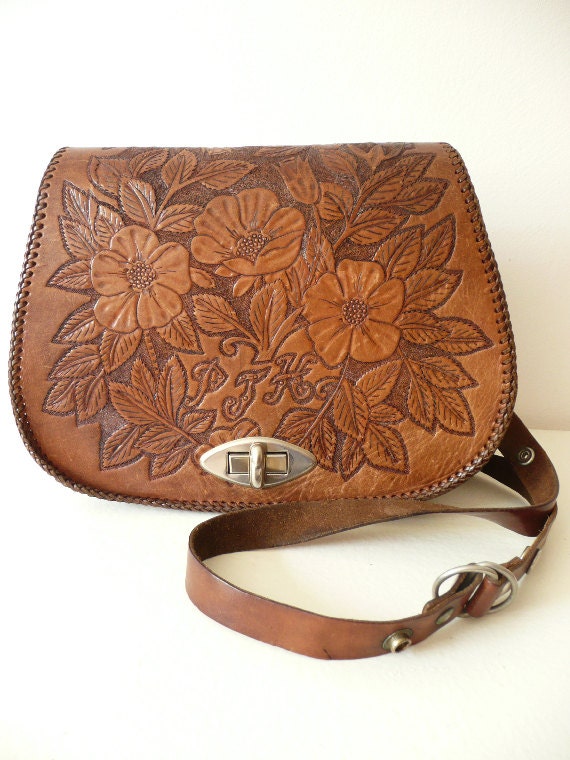Vintage Tooled leather Handbag with beautiful Flowers designs