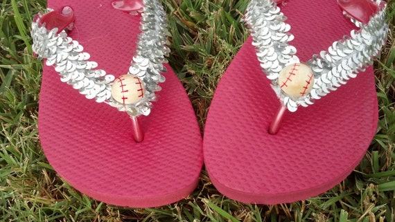 Items similar to Flip Flops - Silver sequin with baseball on Etsy