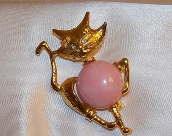 Vintage Golden Cat Brooch with Pink Pearl Belly and Rhinestone Eyes