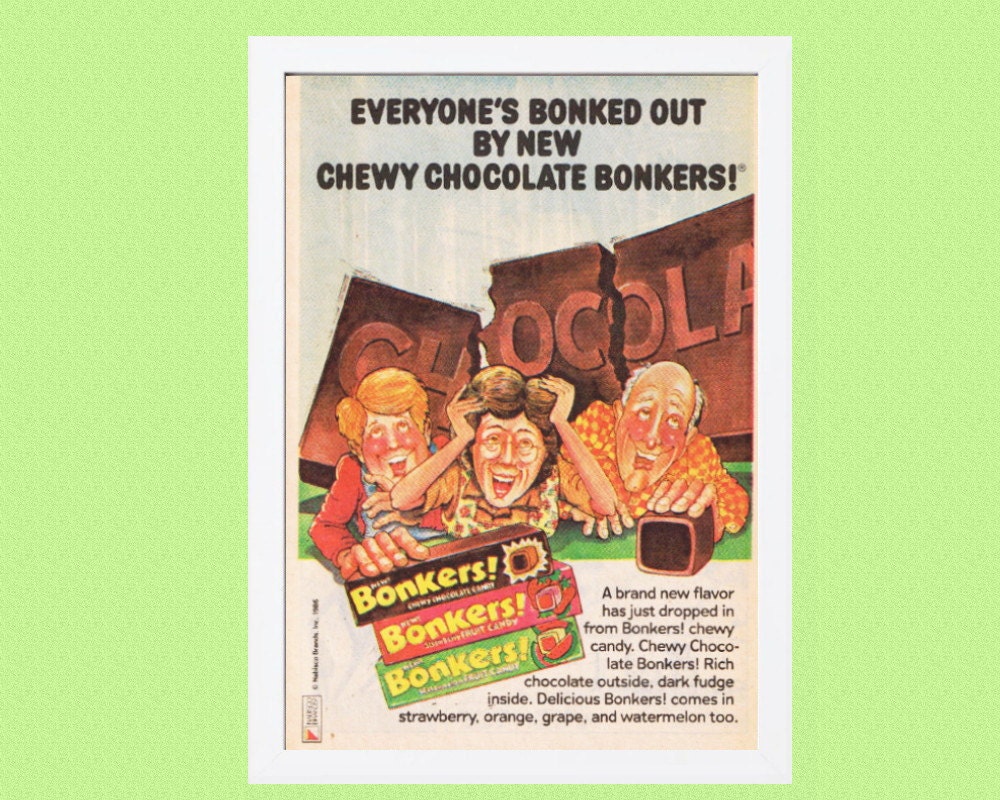 1986 BONKERS Chocolate Bar Candy Vintage Food Ad