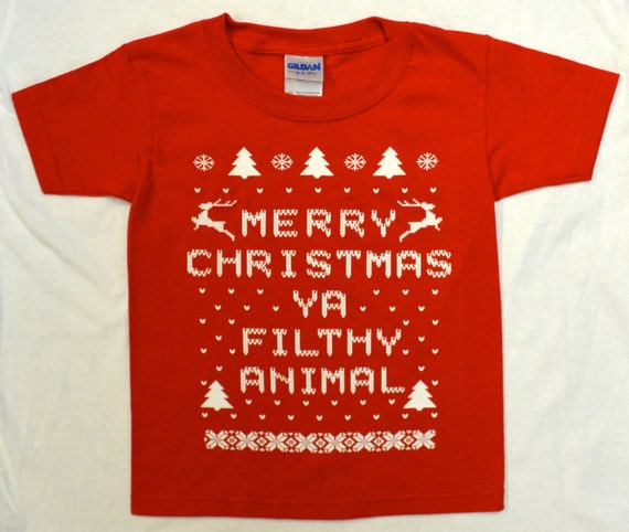 Toddler "Ugly Christmas Sweater" Kids T-shirt:  RED Merry Christmas ya Filthy Animal Tee - Sizes - 2, 3, 4, 5/6 & 7