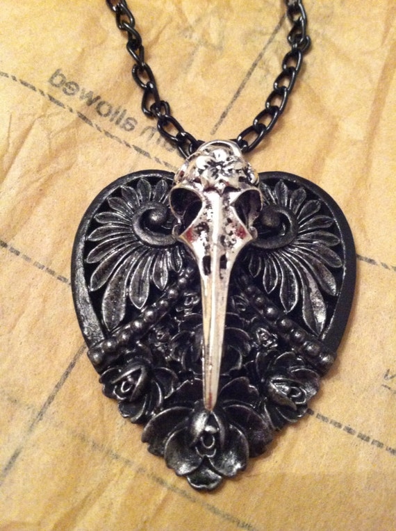 My black heart~ gothic skull heart necklace silver and black by EleganceOfTheHeart steampunk buy now online