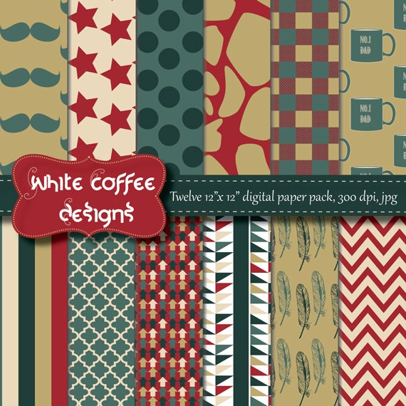 Father's day, Digital Scrapbook Paper, Mustache, Arrow, Feathers, Chevron, Quatrefoil, Red, Blue, Beige Paper, Instant download Il_570xn
