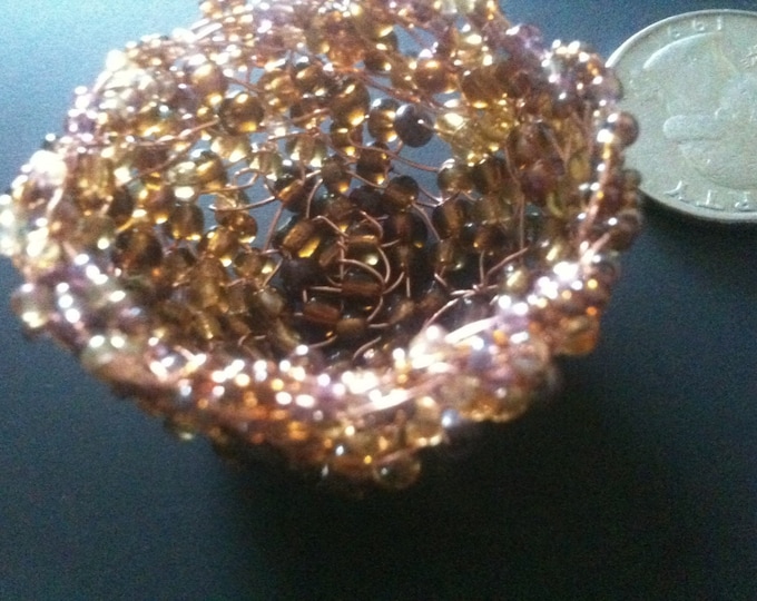 Brown & amber miniature beaded wire basket