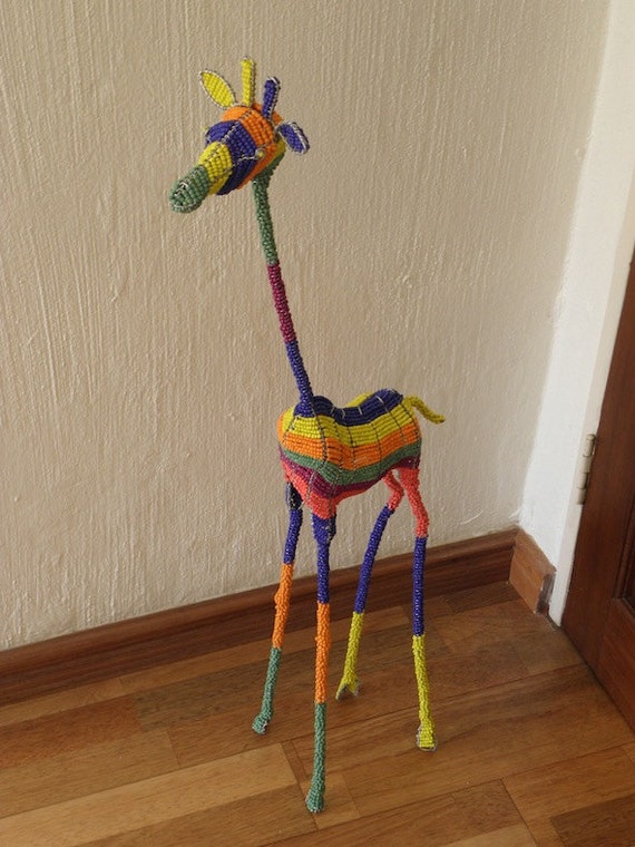 African Beaded Wire Animal Sculpture GIRAFFE LARGE Rainbow