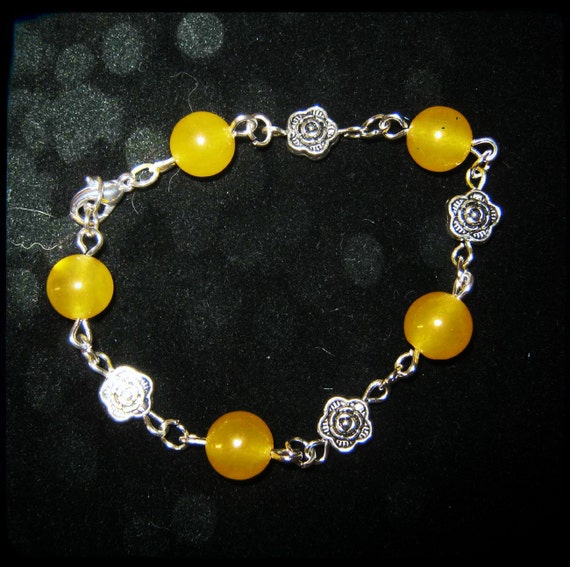 Handmade Silver Bracelet with Yellow Jade & Roses by IreneDesign2011