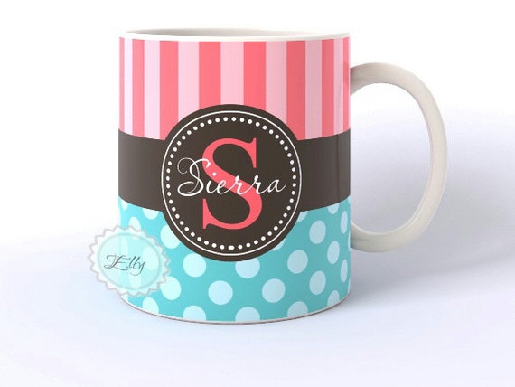 Cute candy coffee mug with monogram tiffany blue and coral stripes on to white ceramic cup