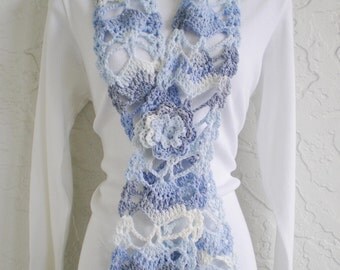 hand crochet scarf women accessories fashion scarf womens scarf lacy scarf fashion ~ fan ~ demin blue grey white