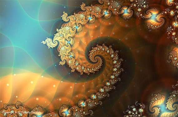 Abstract Art Print - Colorful Celestial Staircase Spiral - Blue and Gold Fractal Spiral Print