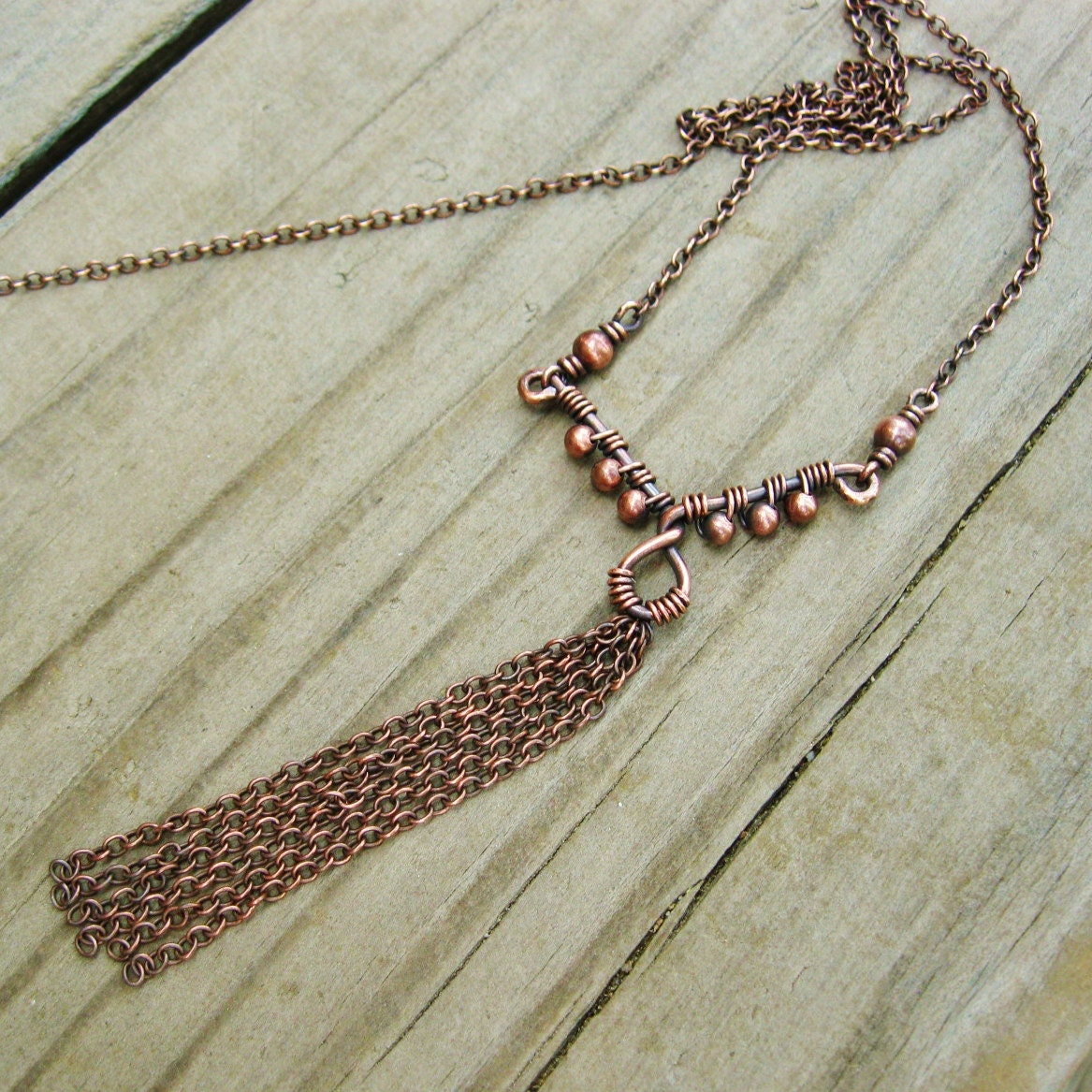 Wire Wrapped Necklace Antiqued Copper Beads and Chain Tassel