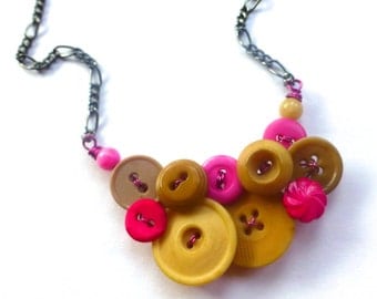 Tan and Hot Pink Button Necklace