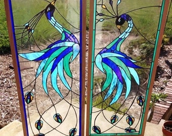 Stained glass panels - "Iridescent Peacock" (P-26)