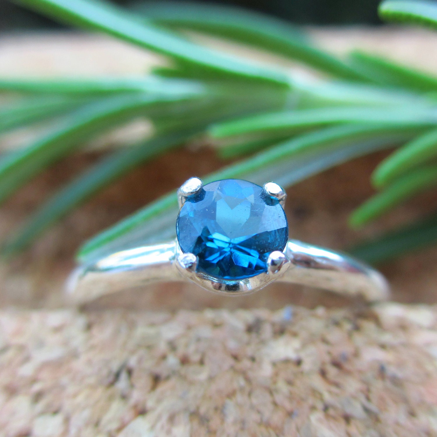Blue Tourmaline Ring in Sterling Silver Round Faceted