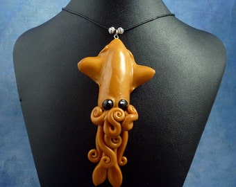 Brass Squid Necklace, Soft Metallic Polymer Clay Squid Pendant
