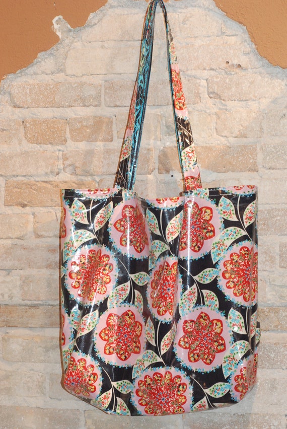 Items similar to Large Laminated Cotton Tote Bag - waterproof fabric- reversible - vintage style ...