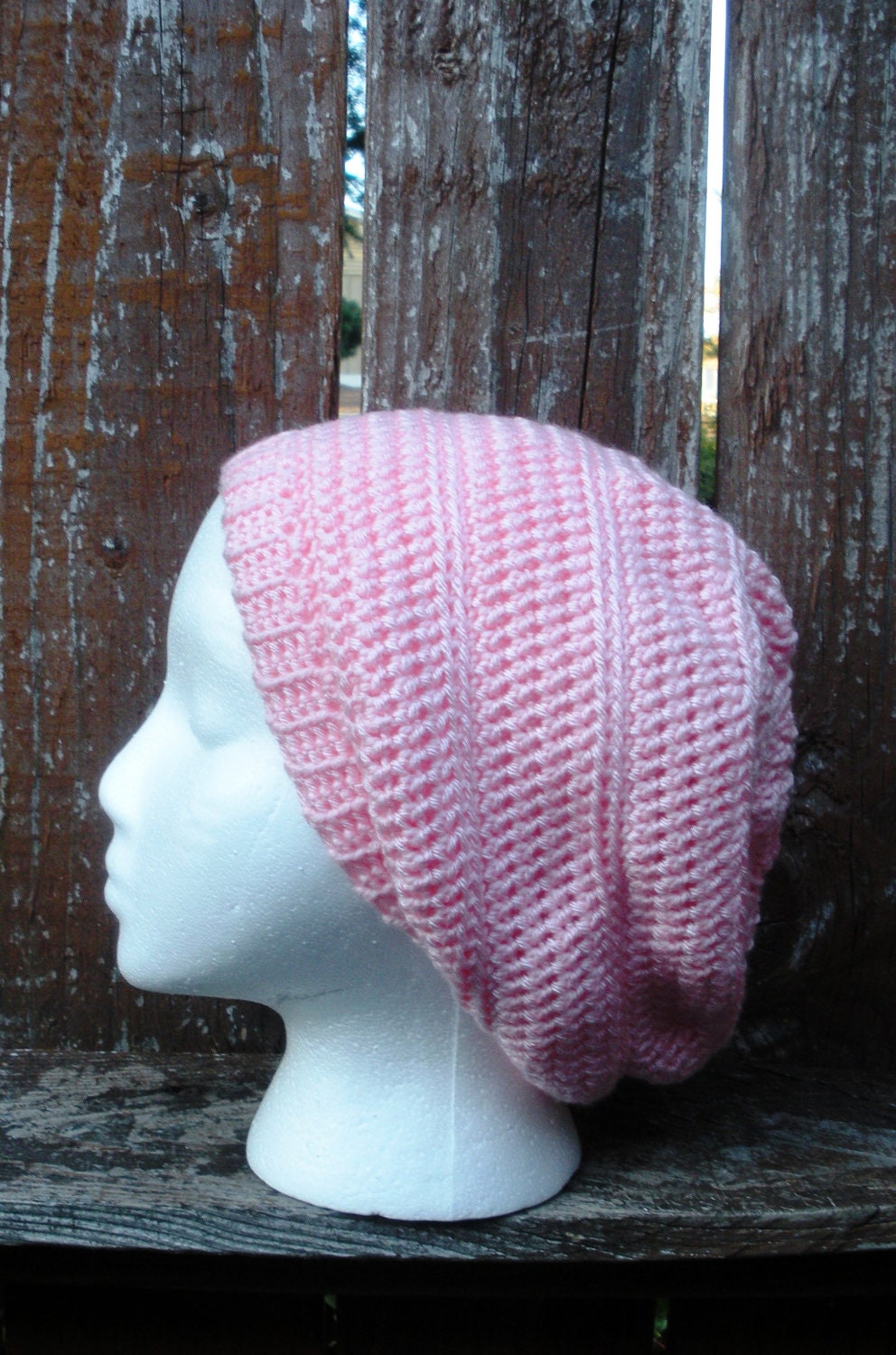 Pretty Pink Crochet Slouchy Tam Beanie Hat ready to ship.