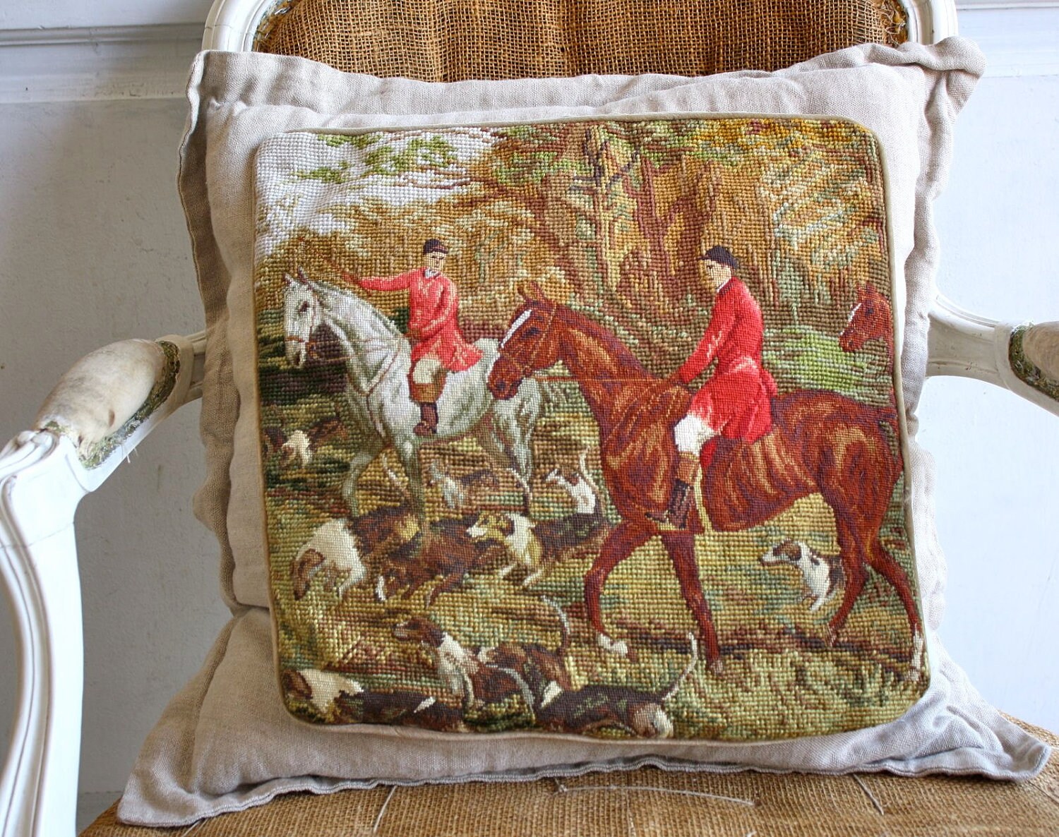 vintage needlepoint fox hunt pillow equestrian chic