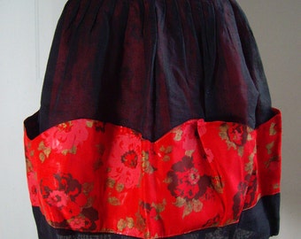 Vintage Hostess Half Apron, Red and Black with Carnations, Reversible