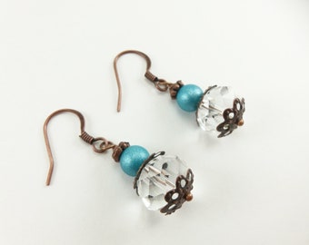 Copper Beaded Earrings Clear Light Blue Dangle Earrings