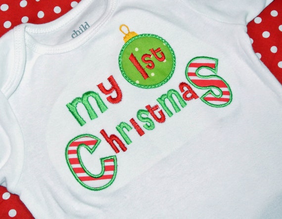 My First Christmas, First Christmas Outfit, Girls Christmas, Boys Christmas, Embroidered Applique Bodysuit or Shirt, Red and green Il_570xn