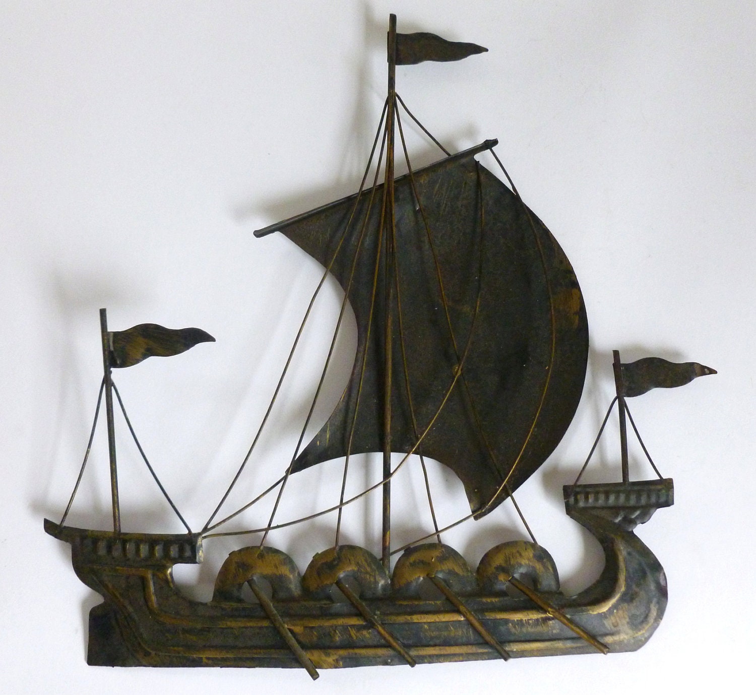 Vintage 1970's Metal Viking Ship Wall Hanging Retro Art