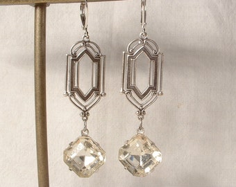 Vintage Art Deco Rhinestone Dangle Earrings, Long Square Clear Crystal Antique Silver Bridal Drops, Flapper Gatsby Bridesmaid 1920s Jewelry
