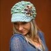 green SLOUCHY beanie crochet Slouch hat FLOWER cap NEWSBOY hat Bohemian hat interwoven pattern Hippie Gypsy Funky hat green steel blue
