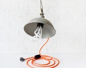 20% SALE - Vintage Industrial Clip Clamp Lamp - Bell Factory Light with Neon Orange Net Color Cord and Plumen Bulb OOAK