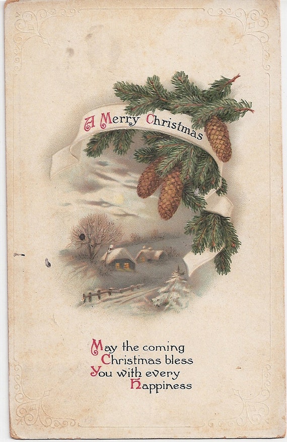 Merry Christmas Snow Scene Pine Cone Bough Border Antique