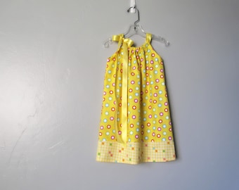 Girls Yellow Sun Dress - Yellow Dress with Colorful Dots - Sunshine Yellow Pillowcase Dress - Size 12m, 18m, 2T, 3T, 4T, 5, 6, 8, or 10