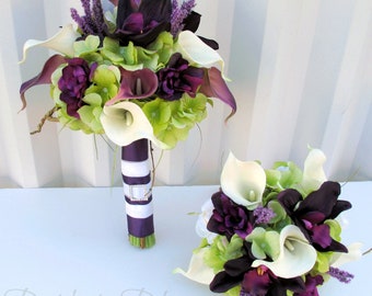 Plum Wedding bouquet - 3 piece set - Real touch Wedding flowers calla lily orchid Bridal bouquet