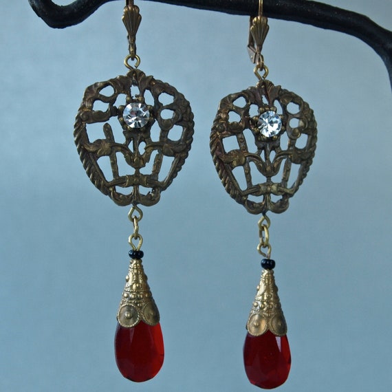 Vintage Earrings Czech Gypsy Art Deco Long Red Drop Earrings