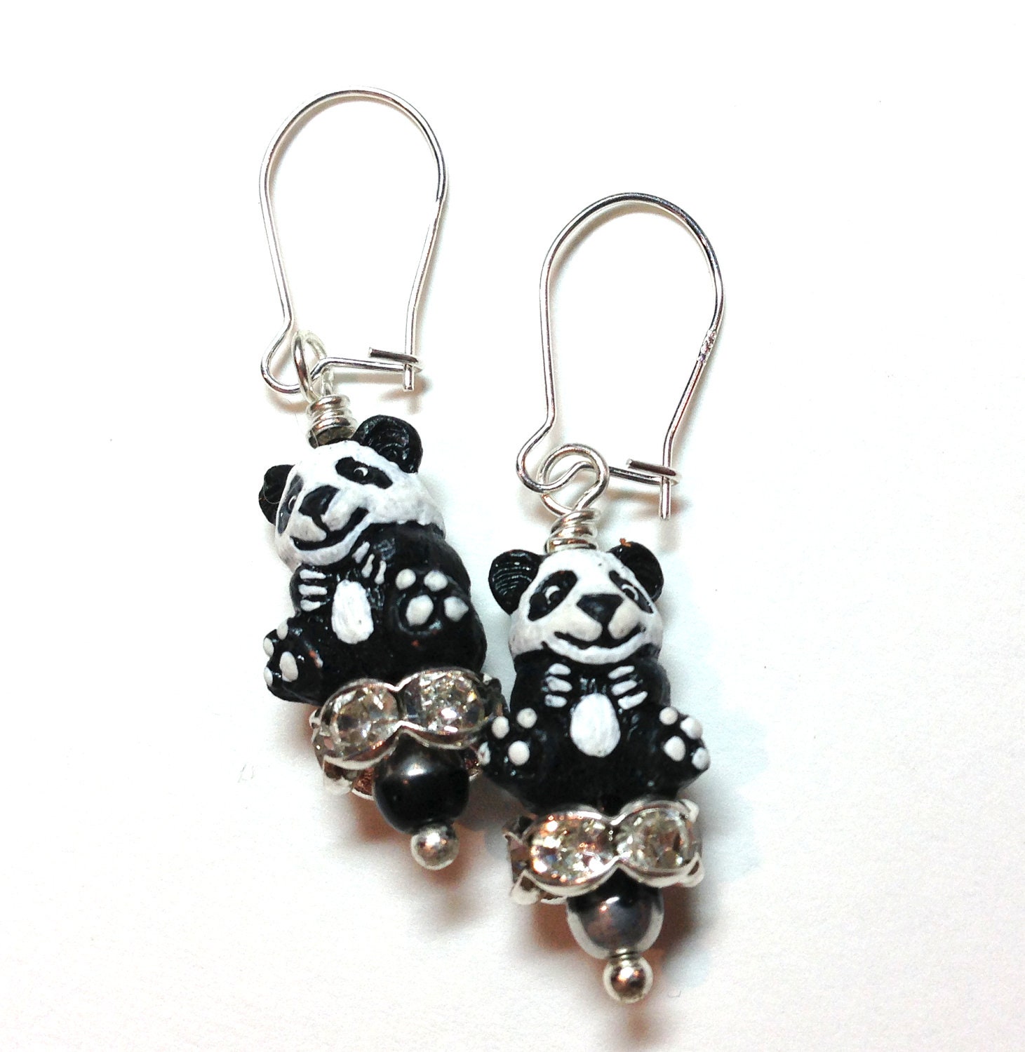 Panda Black & White Dangle Earrings Rhinestone Rondelles