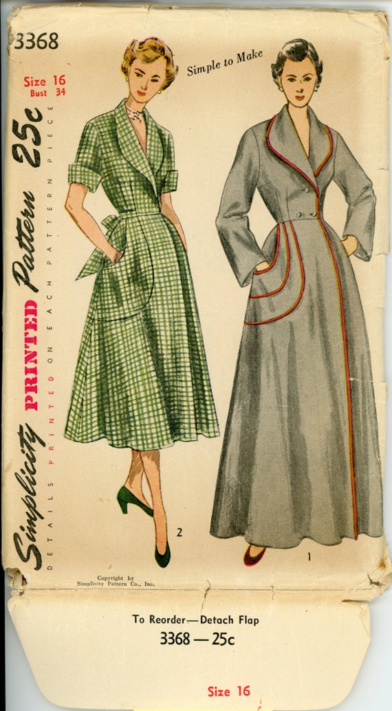 Simplicity 3368 Misses 1950s Housecoat Pattern Brunch Coat