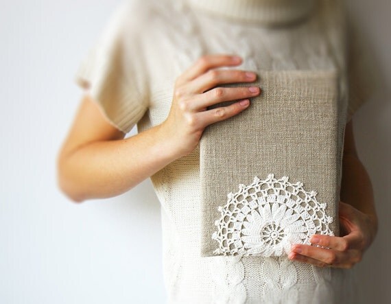 Rustic iPad sleeve decorated with milky crochet lace For iPad 1 2 3 4 new Romantic accessory. Grey ecru