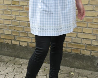 Gingham blue and white half apron - simple sampler embroidery - women's half apron