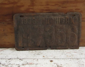 Vintage License Plate Michigan 1938 Rusty Rusted Rust Old Distressed Salvaged Metal Antique License Plate