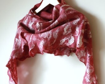 Felted scarf wool silk - cobweb felted wool silk scarf - Cranberry scarf
