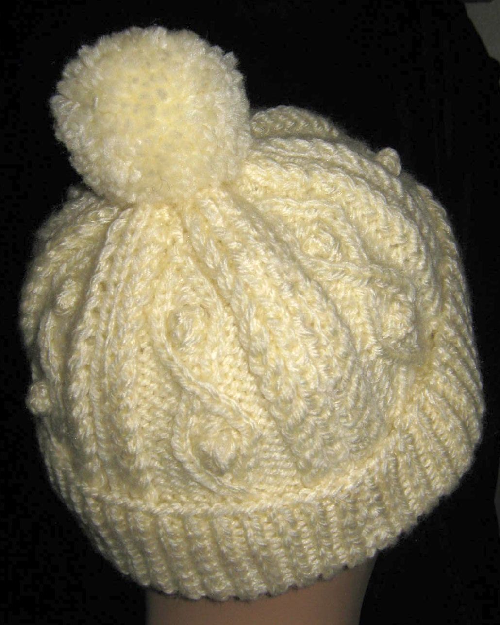 Traditional Aran Bobble Hat Hand Knitted in Cream Aran Yarn