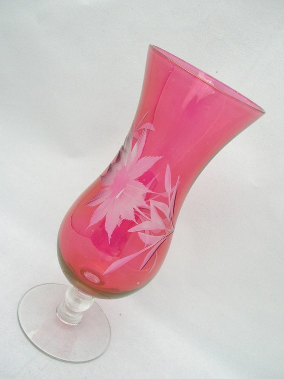 Cranberry Glass Vase with Etched Flower Design on Clear