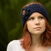 Ear Warmer Headband with Flower, Wood Button, Navy Blue Crochet Head Wrap, Headwrap