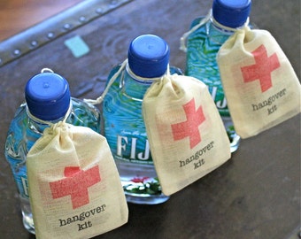 Wedding favor bags, DIY Hangover Kit, first aid for wedding guests. Funny wedding favor. Muslin bags 2.5" x 4". Bachelor or bachelorette.