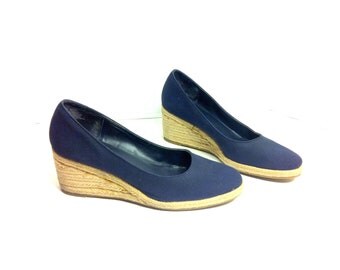 Canvas Wedge Espadrilles 9 - Navy Woven Slip On Mules 9 ...