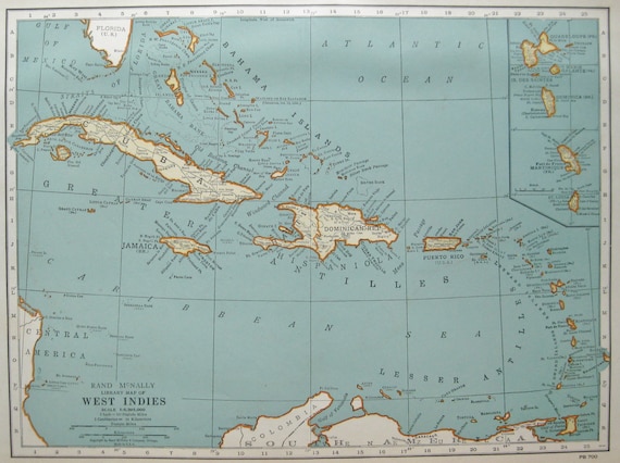RARE Map of the CARIBBEAN West Indies Rare Size Vintage 1943