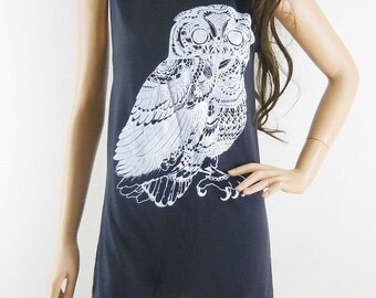 Owl Bird Tank Top Animal Tshirt Owl Tank Top Graphic Design Art Design teen top Women T-shirt Animal Tank Black T-Shirt Screen Print Size S