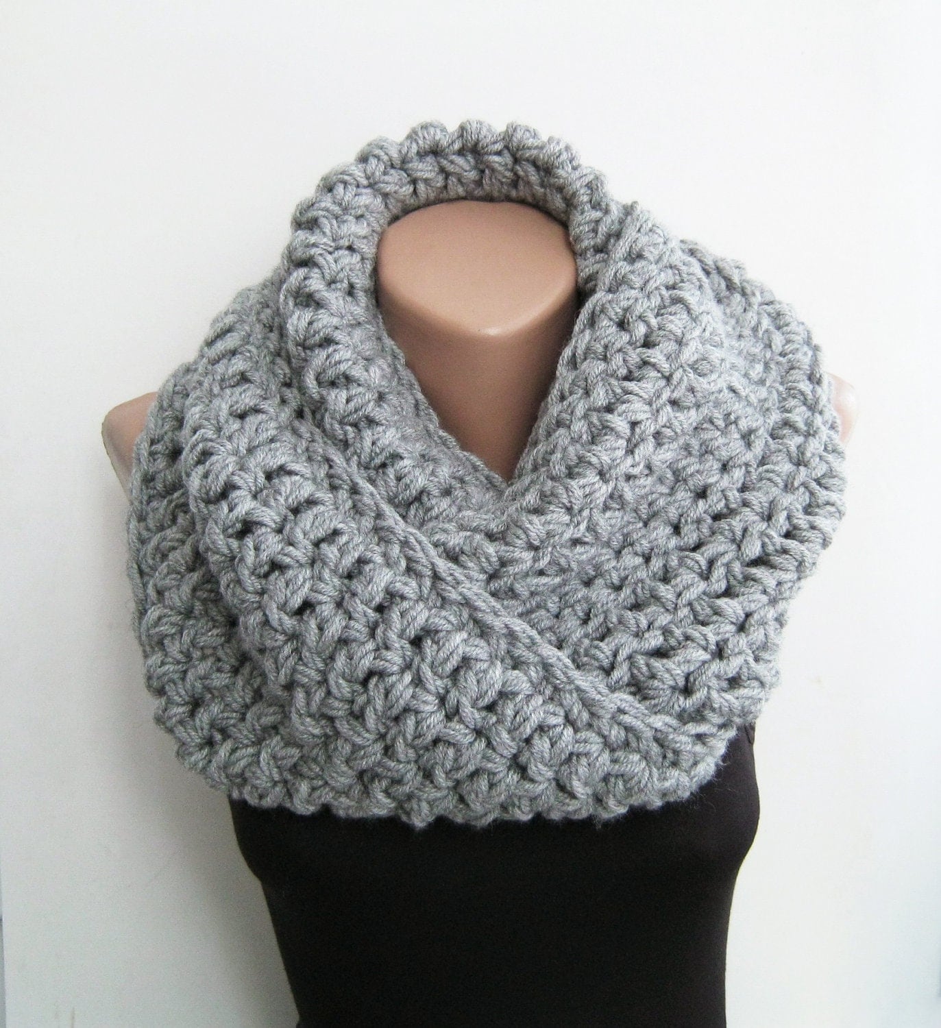 Knitted Snood Gray Chunky Scarf Crochet Infinity By Sascarves