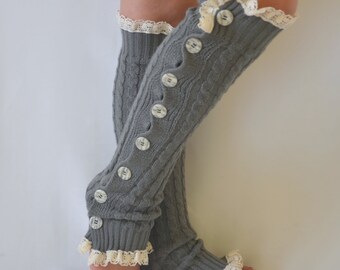 Leg Warmers-Gray cable knit slouchy button lace knit lace leg warmers-Boot socks-Over the knee socks-Knee high socks-Boot cuffs-XS-S-M-L-XL